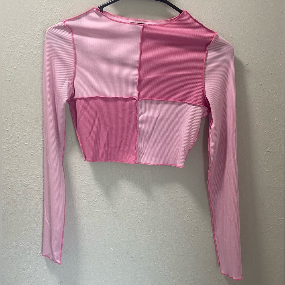 Pink contrast color block crop top